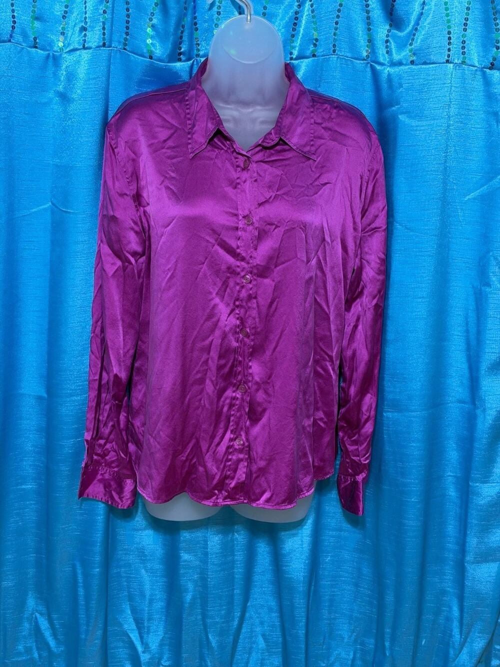 GAP Silk Stretch Button Up Blouse Womens L Purple Magenta Long Sleeve Top